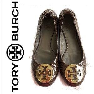 Tory Burch Reva Flats Snakeskin Branch Gold